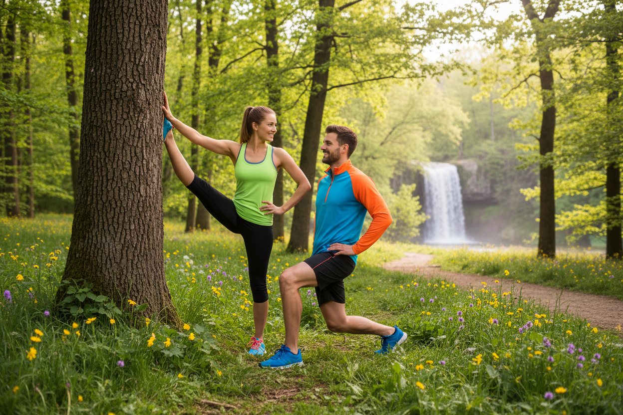 Imagen de pareja joven haceidno ejercicio en uun entorno natural